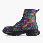 Casual Leather Chunky Boots Colorful Psychedelic Flower and Gemstones