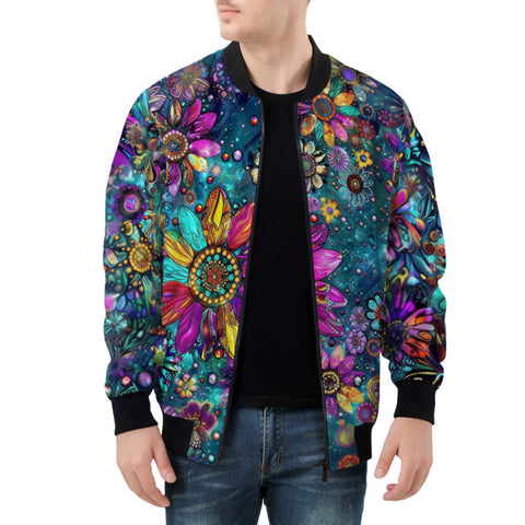 Bomber Jacket Colorful Psychedelic Flower and Gemstones