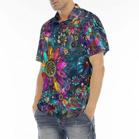 Men's Polo Shirt Colorful Psychedelic Flower and Gemstones