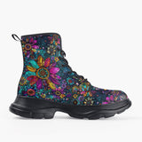 Casual Leather Chunky Boots Colorful Psychedelic Flower and Gemstones