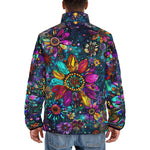 Down-Padded Puffer Jacket Colorful Psychedelic Flower and Gemstones