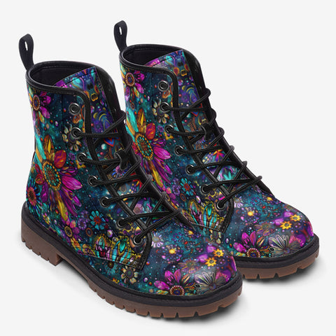 Leather Boots Colorful Psychedelic Flower and Gemstones