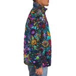 Down-Padded Puffer Jacket Colorful Psychedelic Flower and Gemstones
