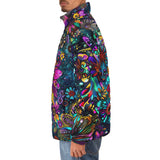 Down-Padded Puffer Jacket Colorful Psychedelic Flower and Gemstones