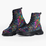 Casual Leather Chunky Boots Colorful Psychedelic Flower and Gemstones