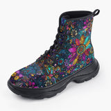 Casual Leather Chunky Boots Colorful Psychedelic Flower and Gemstones