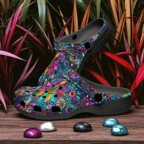 Classic Clogs Colorful Psychedelic Flower and Gemstones