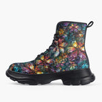 Casual Leather Chunky Boots Crystal and Gemstone Flowers