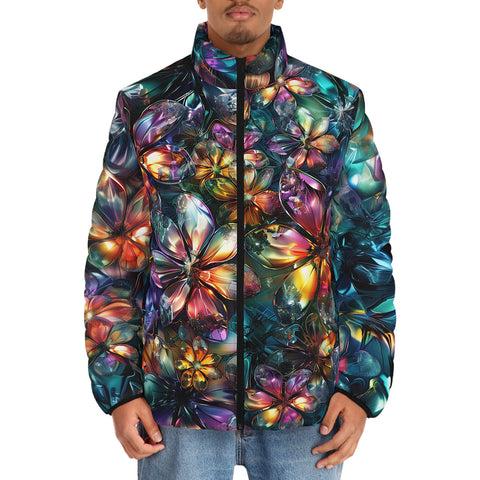Down-Padded Puffer Jacket Crystal and Gemstone Flowers