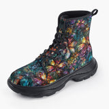 Casual Leather Chunky Boots Crystal and Gemstone Flowers