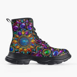 Casual Leather Chunky Boots Shiny Gemstones Bright Colors Mandala