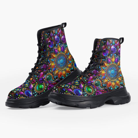 Casual Leather Chunky Boots Shiny Gemstones Bright Colors Mandala