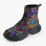 Casual Leather Chunky Boots Shiny Gemstones Bright Colors Mandala