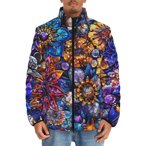 Down-Padded Puffer Jacket Vibrant Crystal and Gemstone Flowers