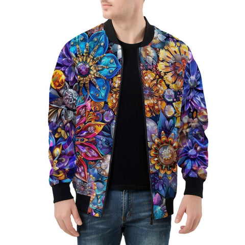 Bomber Jacket Vibrant Crystal and Gemstone Flowers