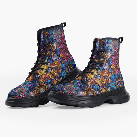 Casual Leather Chunky Boots Vibrant Crystal and Gemstone Flowers