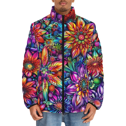 Down-Padded Puffer Jacket Colorful Flower designs and Crystals