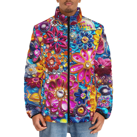 Down-Padded Puffer Jacket Bright Sparkling Gemstones Flowers