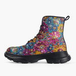 Casual Leather Chunky Boots Bright Sparkling Gemstones Flowers