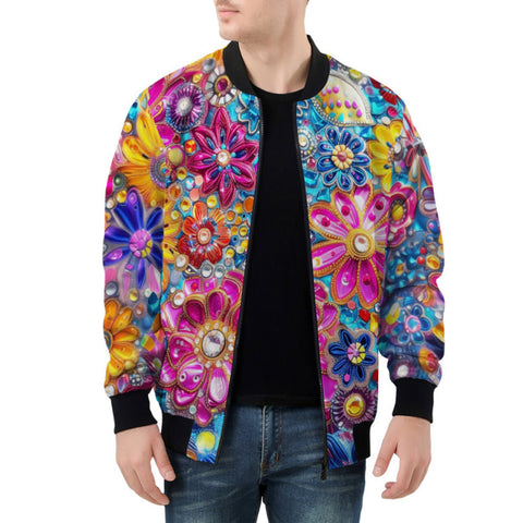 Bomber Jacket Bright Sparkling Gemstones Flowers