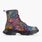 Casual Leather Chunky Boots Bright Sparkling Gemstones Flowers