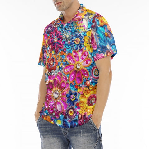 Men's Polo Shirt Bright Sparkling Gemstones Flowers
