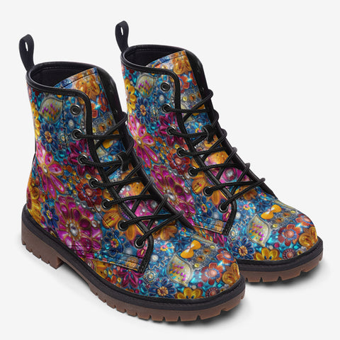 Leather Boots Bright Sparkling Gemstones Flowers