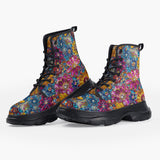 Casual Leather Chunky Boots Bright Sparkling Gemstones Flowers