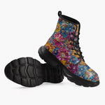 Casual Leather Chunky Boots Bright Sparkling Gemstones Flowers