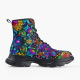 Casual Leather Chunky Boots Bright Colors Flower and Crystals