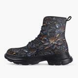 Casual Leather Chunky Boots Gothic Floral and Leaves Ornament