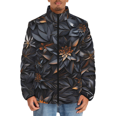 Down-Padded Puffer Jacket Gothic Floral and Leaves Ornament