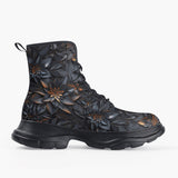 Casual Leather Chunky Boots Gothic Floral and Leaves Ornament