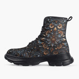 Casual Leather Chunky Boots Gothic Floral Ornament