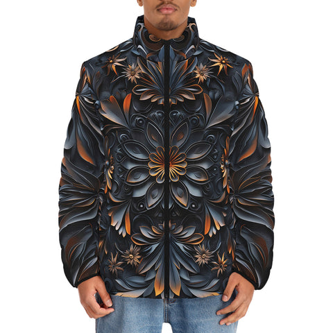 Down-Padded Puffer Jacket Gothic Pattern Carved Wood and Copper