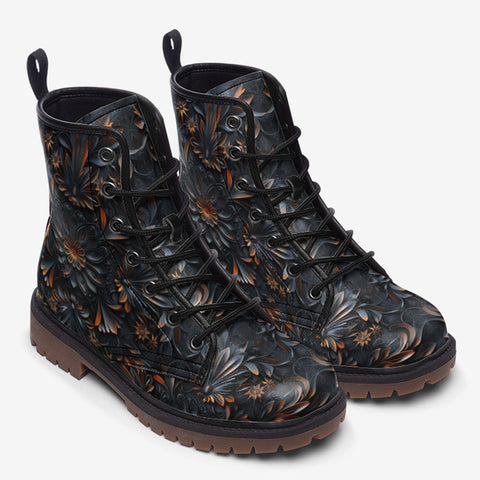 Leather Boots Gothic Pattern Carved Wood and Copper