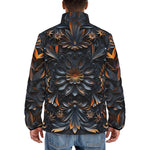 Down-Padded Puffer Jacket Gothic Pattern Carved Wood and Copper