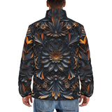 Down-Padded Puffer Jacket Gothic Pattern Carved Wood and Copper