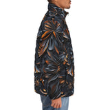 Down-Padded Puffer Jacket Gothic Pattern Carved Wood and Copper