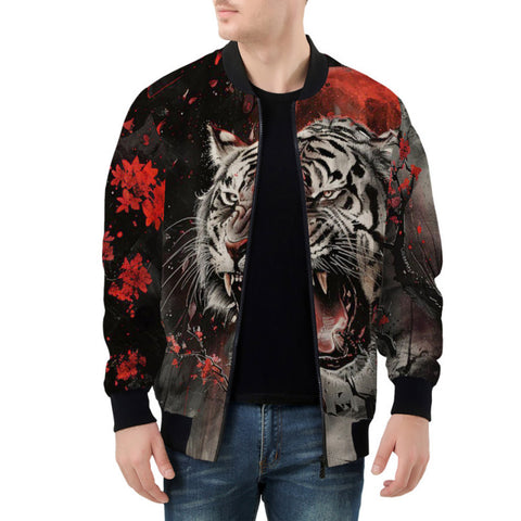 Bomber Jacket Angry Tiger Roaring in Dark Jungle