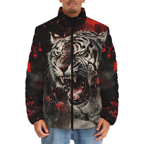 Down-Padded Puffer Jacket Angry Tiger Roaring in Dark Jungle