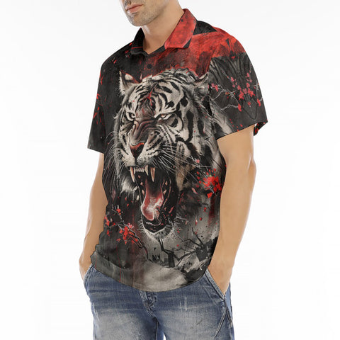 Men's Polo Shirt Angry Tiger Roaring in Dark Jungle