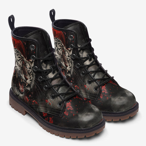 Leather Boots Angry Tiger Roaring in Dark Jungle