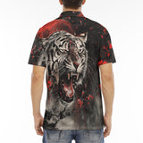 Men's Polo Shirt Angry Tiger Roaring in Dark Jungle