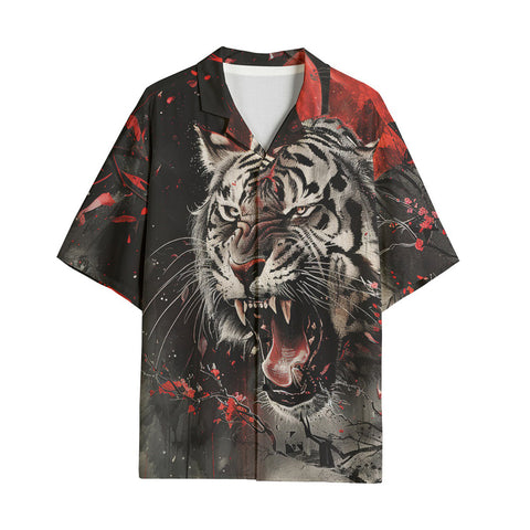 Hawaiian Shirt Angry Tiger Roaring in Dark Jungle