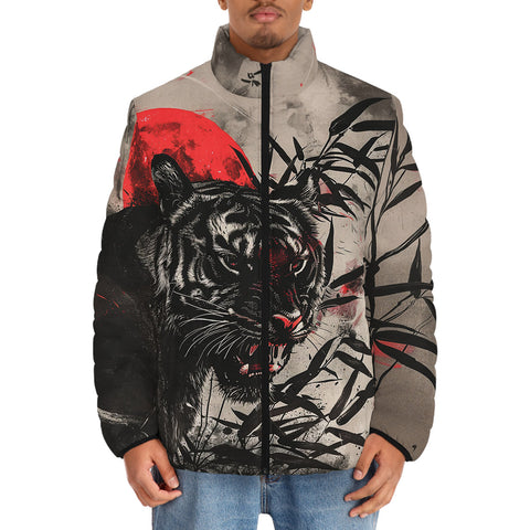 Down-Padded Puffer Jacket Tiger Red Moon Bamboo Japanese Art