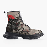 Casual Leather Chunky Boots Tiger Red Moon Bamboo Japanese Art