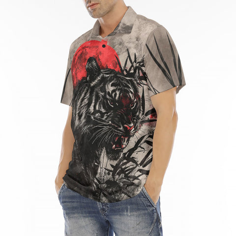 Men's Polo Shirt Tiger Red Moon Bamboo Japanese Art
