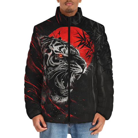 Down-Padded Puffer Jacket Angry Tiger Red Moon Jungle Art