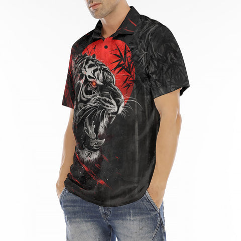 Men's Polo Shirt Angry Tiger Red Moon Jungle Art